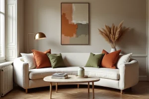 Salon parisien tendance avec canapé bouclé ivoire, coussins terracotta et table basse en travertin dans un appartement haussmannien