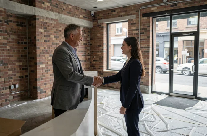 Propriétaire et locataire signant un bail commercial dans un local en travaux, représentant la conclusion d'un contrat de location commerciale régi par le Code de commerce