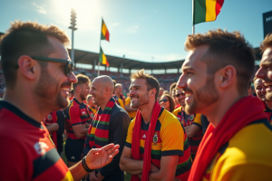 Supporters de rugby passionnes devant un stade en plein air