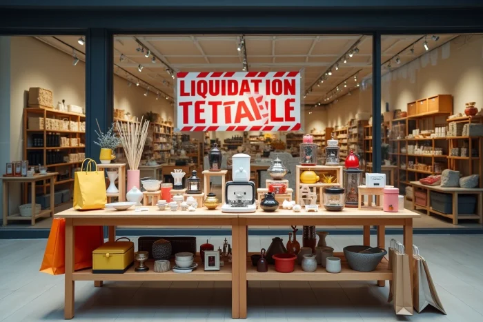 Table de liquidation Gifi avec produits soldés et étiquettes de réduction avant fermeture définitive du magasin