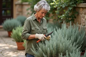 Femme taillant une sauge arbustive dans un jardin méditerranéen avec des cisailles de jardinage