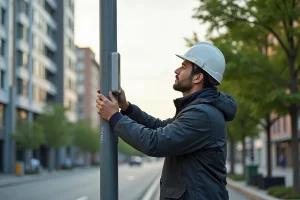 Technicien urbain installant un lampadaire intelligent en ville