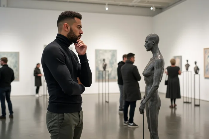 Visiteur masculin contemplant une sculpture contemporaine lors d'un vernissage dans une galerie d'art moderne