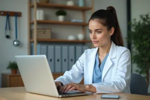 Vétérinaire femme se connectant au logiciel GMVET sur un ordinateur portable dans une clinique vétérinaire moderne
