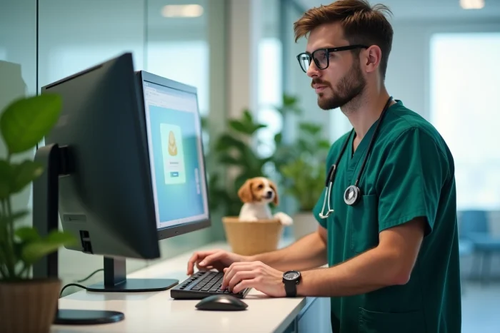 Vétérinaire homme utilisant un ordinateur de bureau pour accéder au logiciel de gestion vétérinaire GMVET à la réception